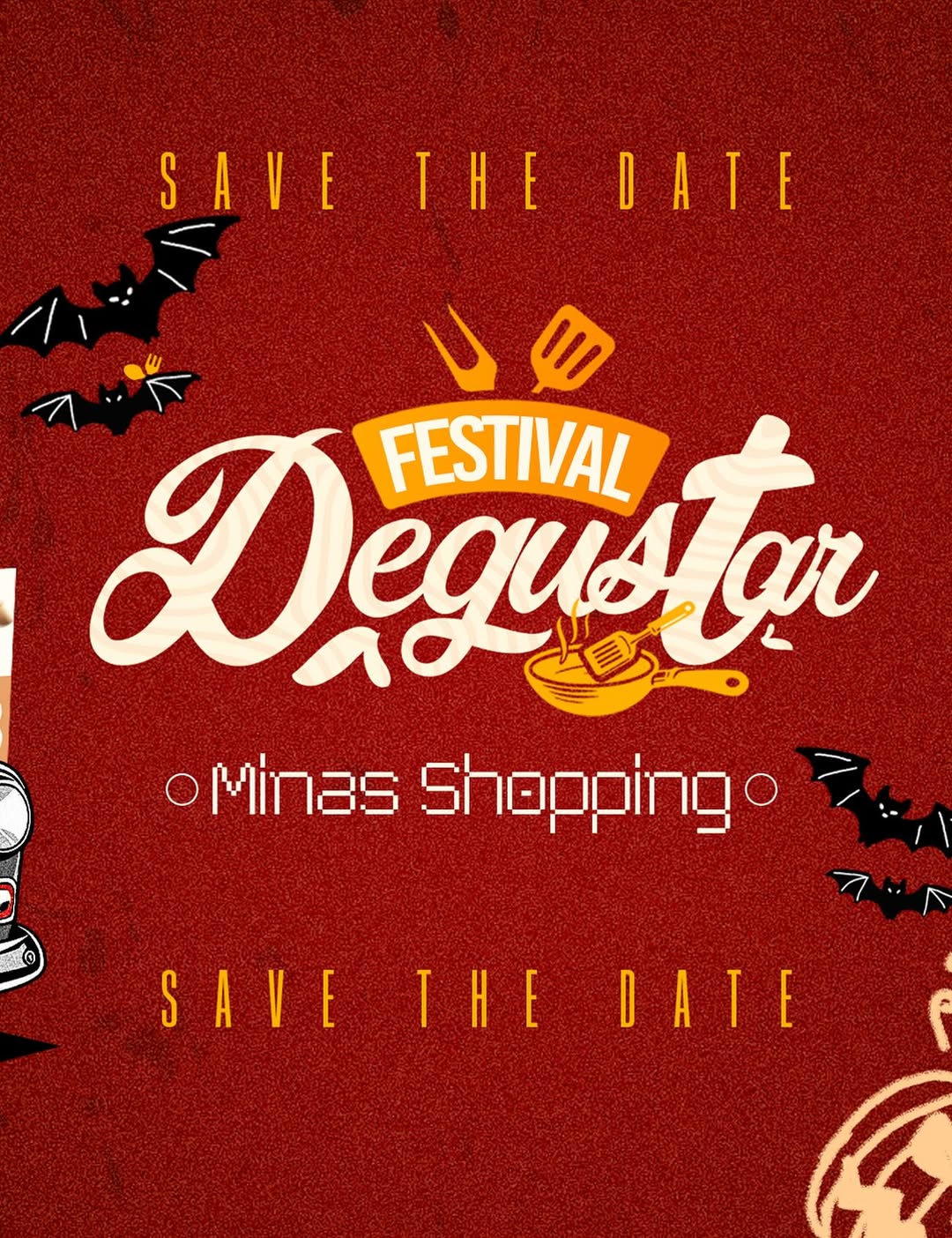 Imagem de fundo vermelho, com desenhos de morcegos em volta e o nome do evento ao meio