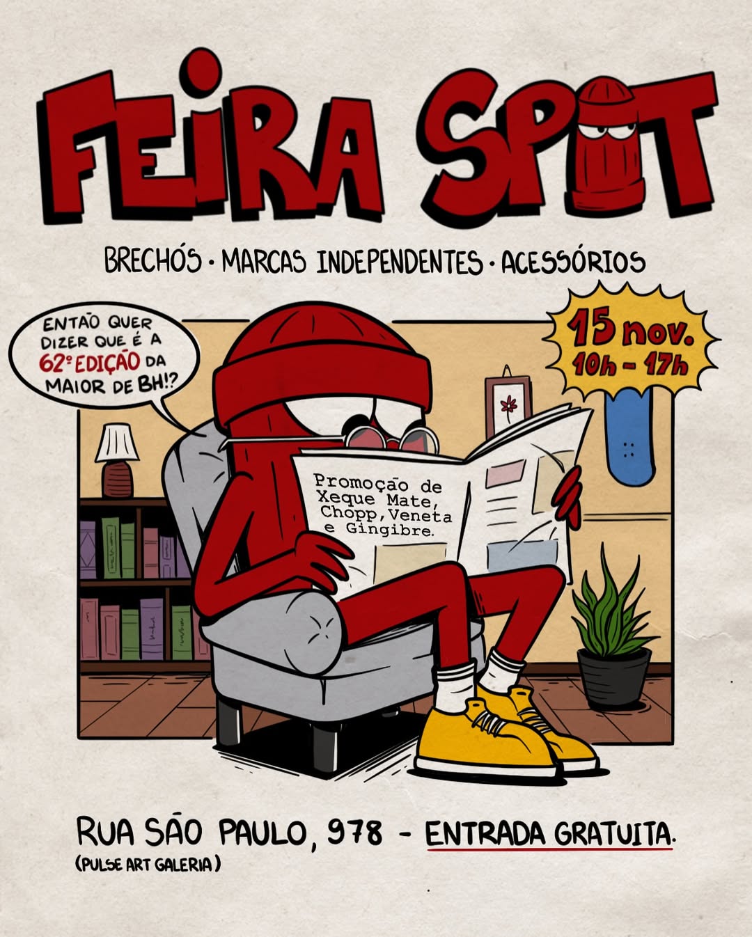Cartaz colorido da Feira Spot, evento de brechós e marcas independentes. Mostra um personagem vermelho de gorro e óculos lendo jornal em uma poltrona. O texto informa: “15 de novembro, das 10h às 17h, Rua São Paulo, 978 – entrada gratuita”.