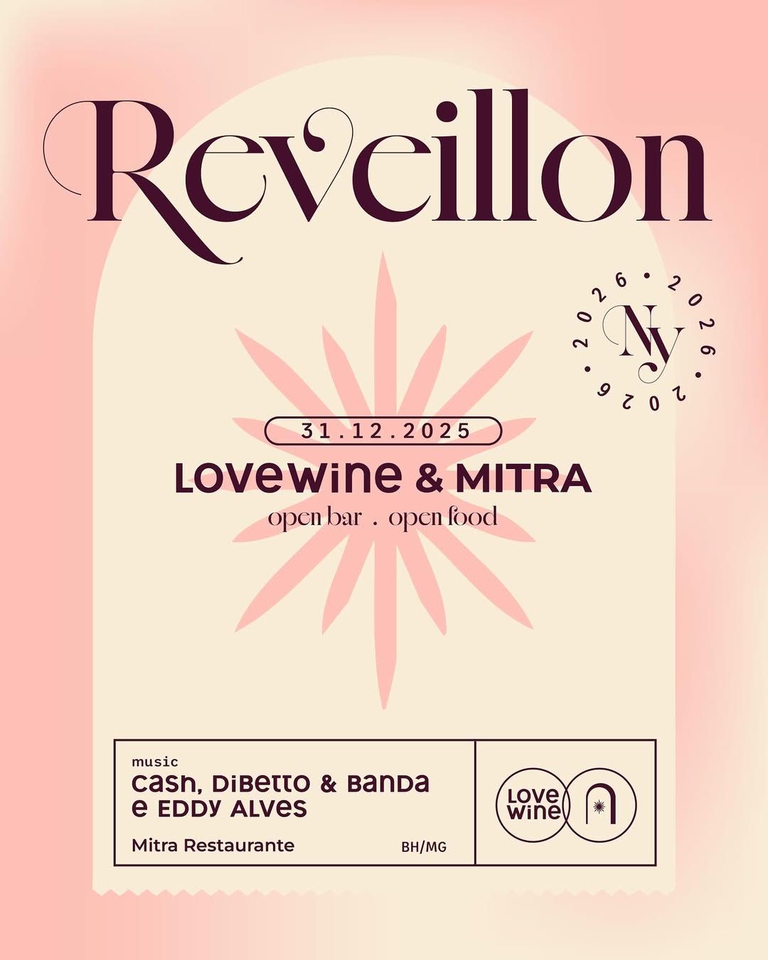 Imagem com tons claros de rosa e bege, o nome, endereço, atrações, data do local