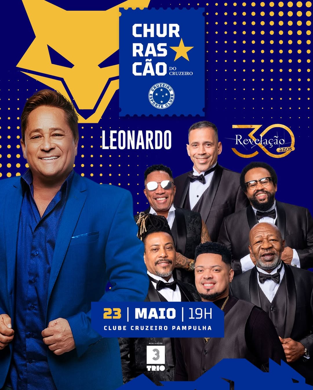 Imagem de fundo da cor azul, um desenho de uma raposa ao lado com 7 homens vestido socialmente