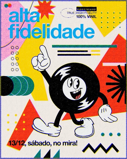 Cartaz do evento com ilustração de um disco de vinil ao centro e fundos animados nas cores vermelho, amarelo e rosa, com informações de data e local do evento.