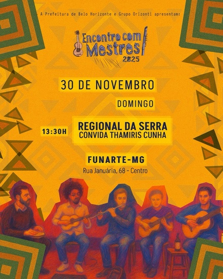 Flyer de divulgação, fundo amarelo e ilustração de pessoas tocando instrumentos.