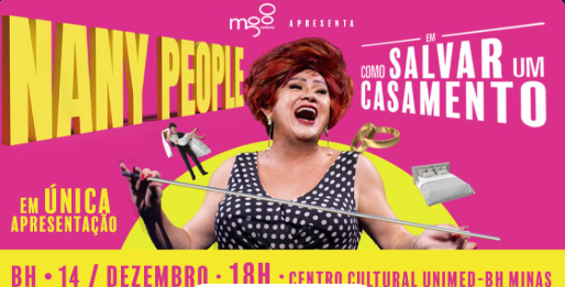 Imagem com uma mulher de cabelos vermelhos e vestido de bolinha ao meio, o nome da peça, local e data no canto da imagem