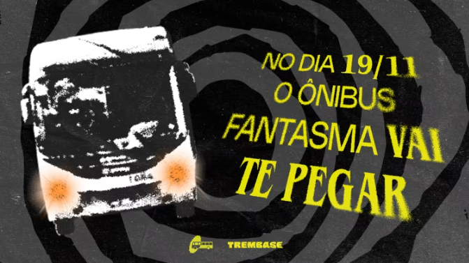 Imagem com um ônibus preto e branco com a frase em amarelo "O Onibus fantasma vai te pegar" 