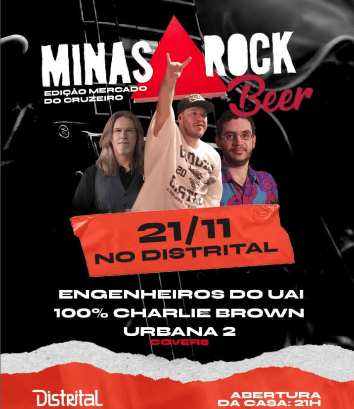 Imagem com tres pessoas no meio, um delas fazendo o sinal de rock, o nome do evento e a data com o local do evento