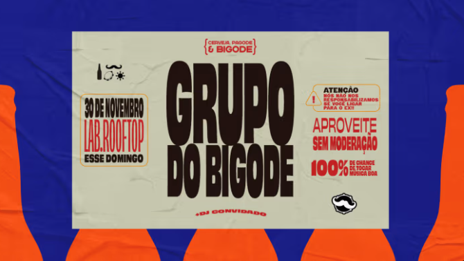 Imagem de fundo branco, com listras na cor azul e laranja, com o nome do grupo, local, data do evento.