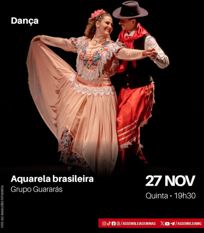 Poster de divulgação da apresentação "Aquarela Brasileira" do Grupo Folclórico Guararás - Com fotografia de um casal caracterizado como gaúchos dançando