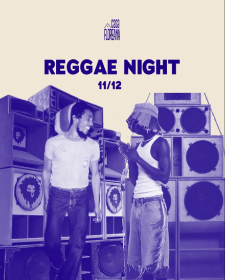 Flyer divulgação nas cores lilás e branco, imagem de caixas de som ao fundo e texto ao centro: " Reggae Night"