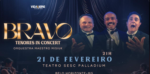 Imagem de três homens cantando, com o nome, data e local do evento