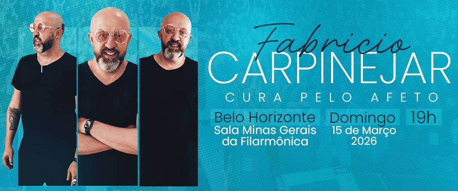 Imagem de cor azul, com um homem lado a lado, o nome, data e local do evento