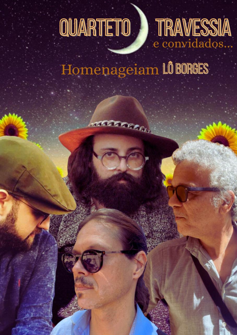 Cartaz com montagem fotografia do grupo Qauarteto Travessia com fundo de estrelas, girassol e lua.