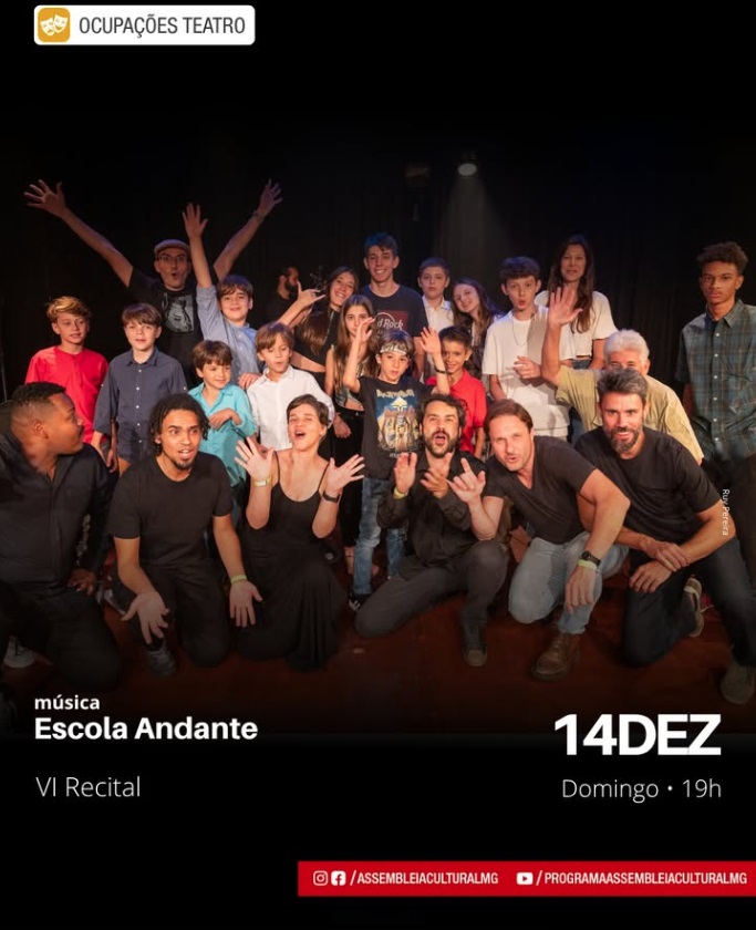 VI Recital da Escola Andante: Poster de divulgação do evento com foto de um grupo grande e diverso de pessoas de todas as idades.