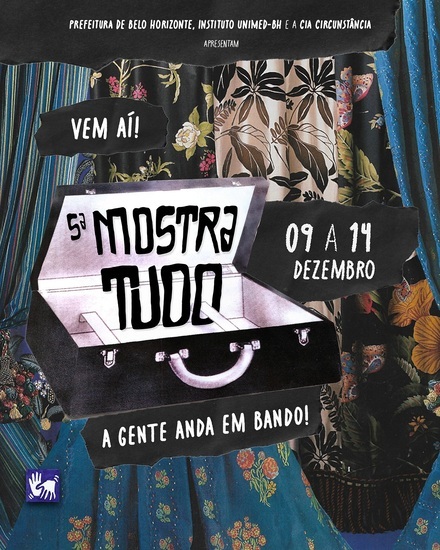 Flyer de divulgação com imagem de uma mala de mão aberta e fundo de tecidos estampados. os textos informam o evento