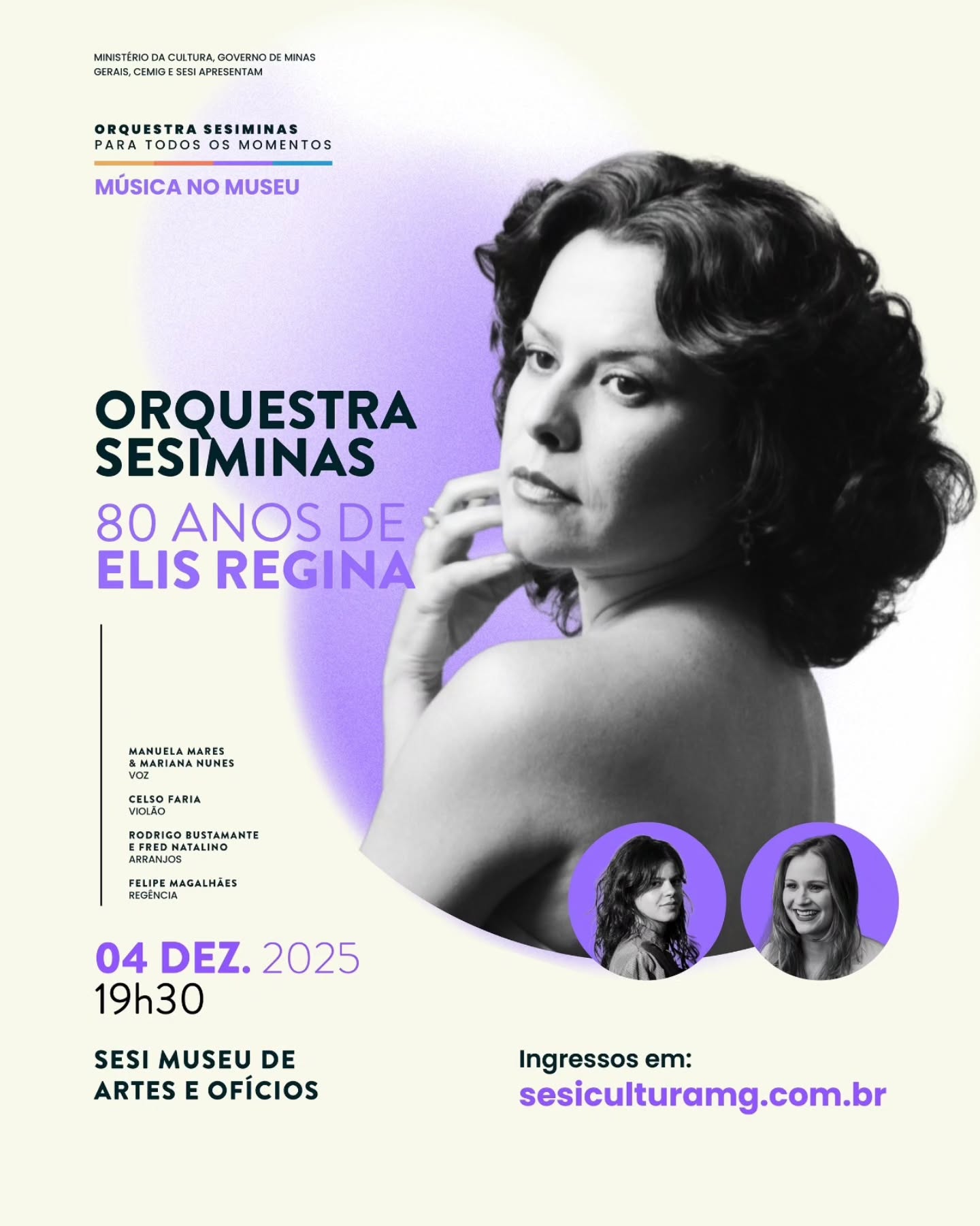 Flyer de divulgação com imagem em preto e branco da cantora homenageada Elis Regina, fundo roxo com informações sobre o evento