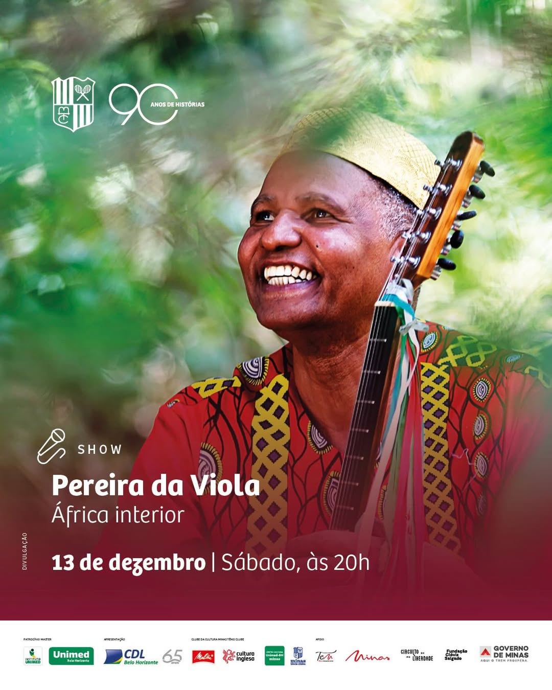 Flyer de divulgação com imagem do artista Pereira da Viola, texto informa o evento.