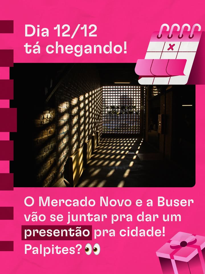 Flyer de divulgação, com imagem dos cobogós do mercado e fundo rosa, texto informa o evento.