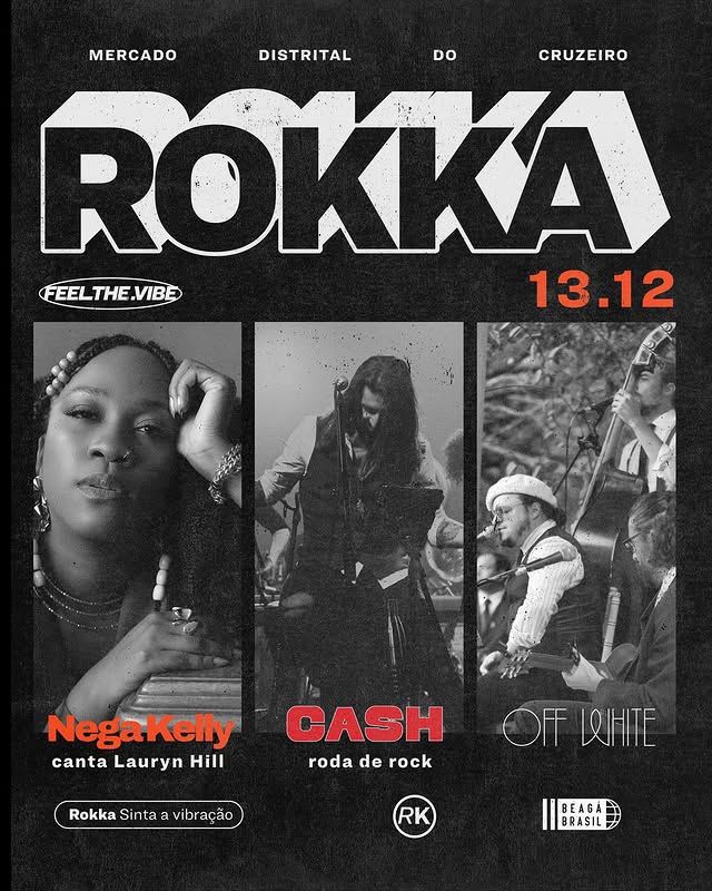 Flyer de divulgação da festa Rokka, com fundo preto e imagens em preto e branco dos DJS, texto informa o evento.