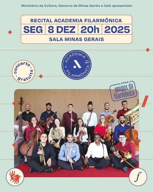 Flyer de divulgação com fundo azul e foto ao centro do Recital Academia Filarmônica, texto informa o evento. 