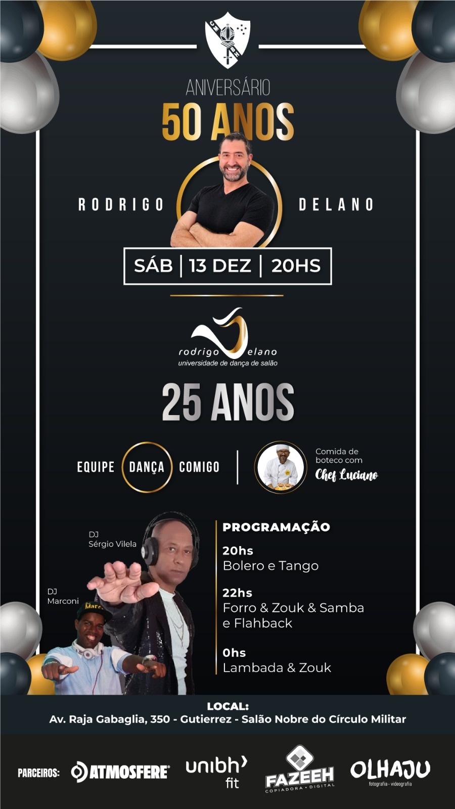 Flyer de divulgação com fundo preto, texto informa o evento