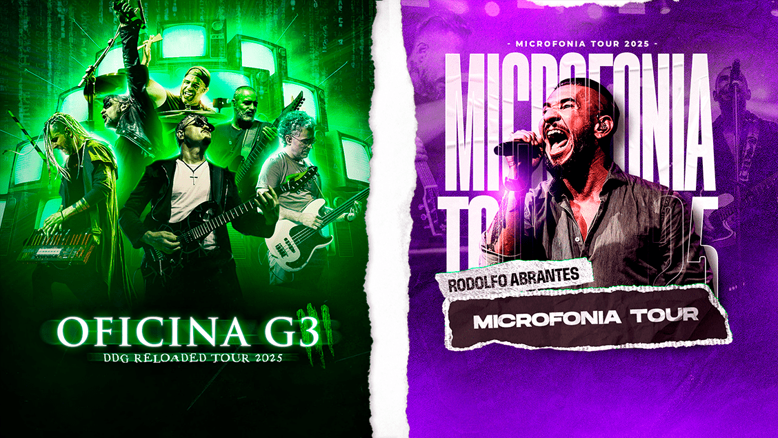 Flyer de divulgação dividido ao meio os dois artistas, no lado esquerdo fundo verde com imagem do grupo Oficina G3 e o lado direito o fundo roxo com imagem do cantor Rodolfo Abrantes
