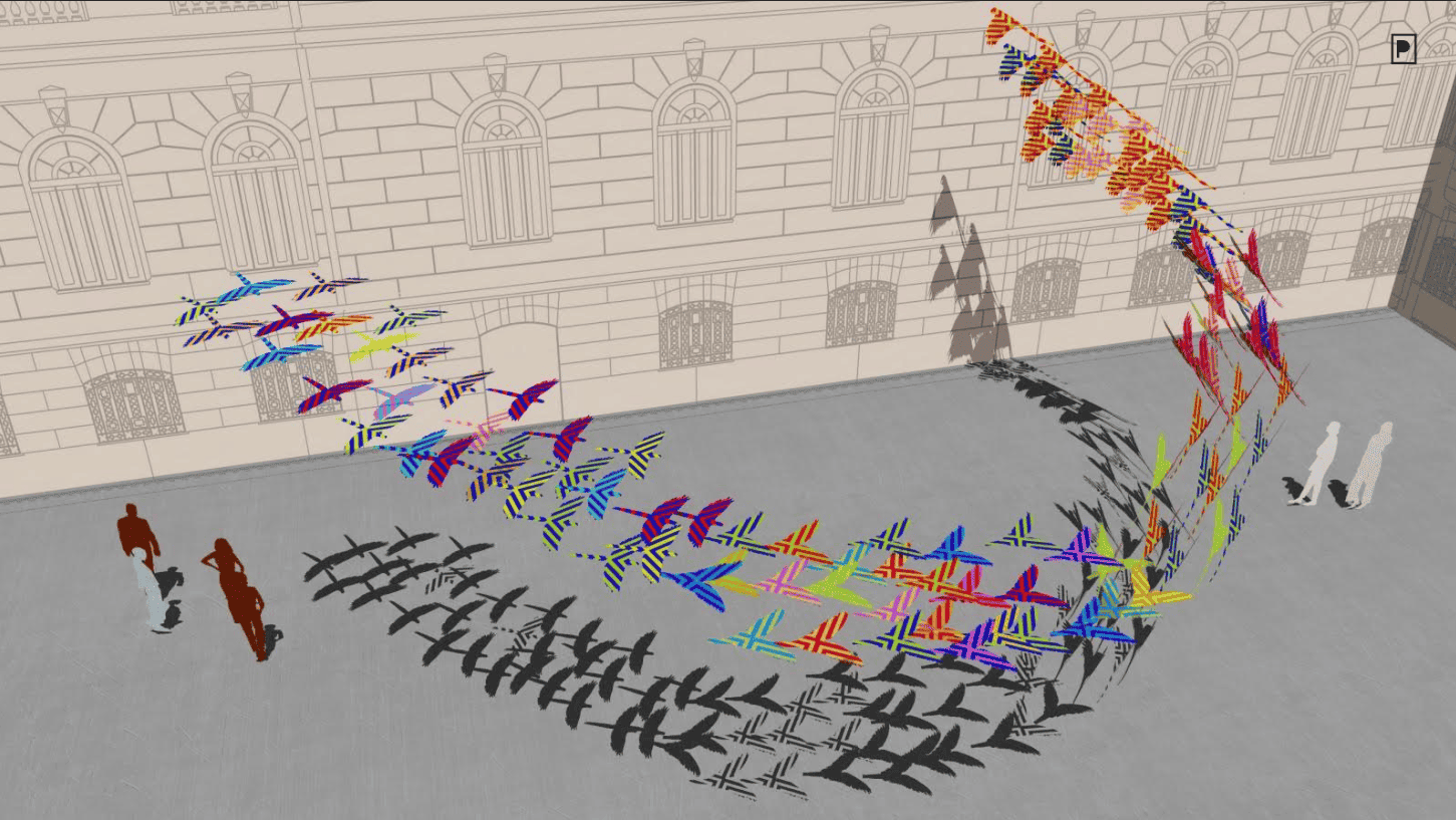 Imagem de vários pássaros coloridos em uma mesma direção 