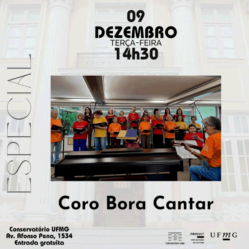 Flyer de divulgação com imagem do Coro Bora Cantar ao centro. Texto informa o evento.