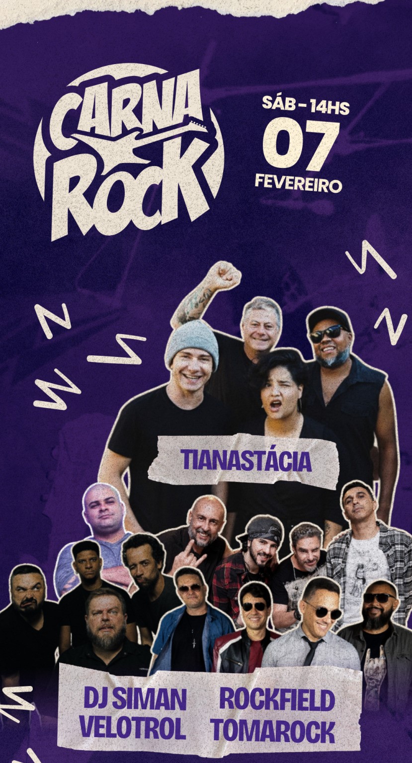 Flyer de divulgação das atrações com fundo roxo e imagens ilustrativas