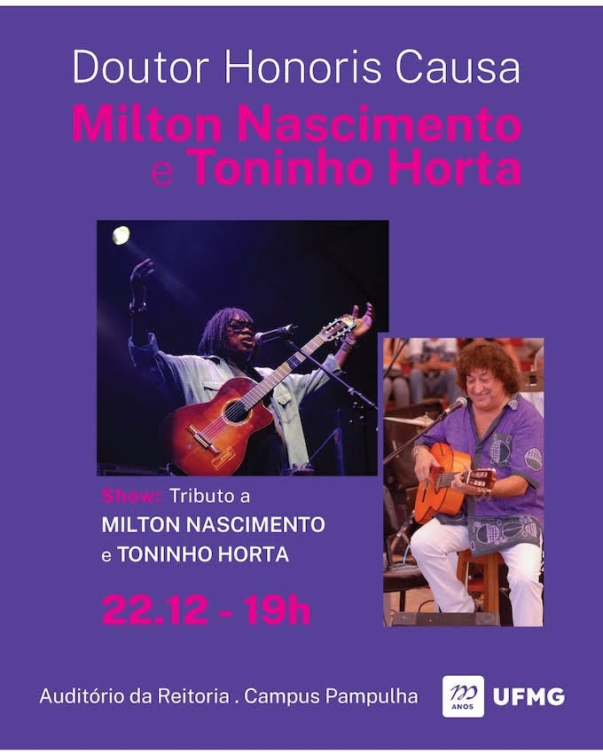 Flyer de divulgação do evento, fundo roxo e imagem dos cantores toninho horta e milton nascimento