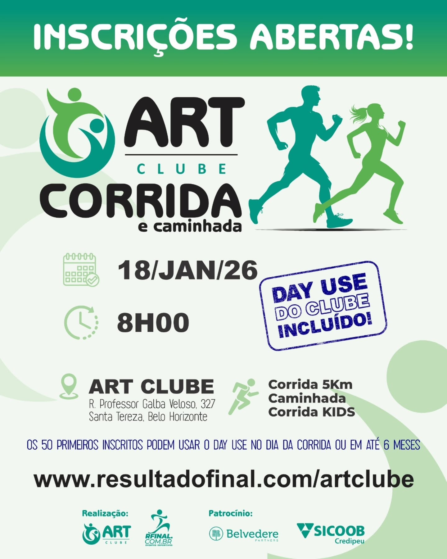 Panfleto digital com o título "Inscrições Abertas!" para evento esportivo. Inclui ilustrações em silhueta de um homem e uma mulher correndo.