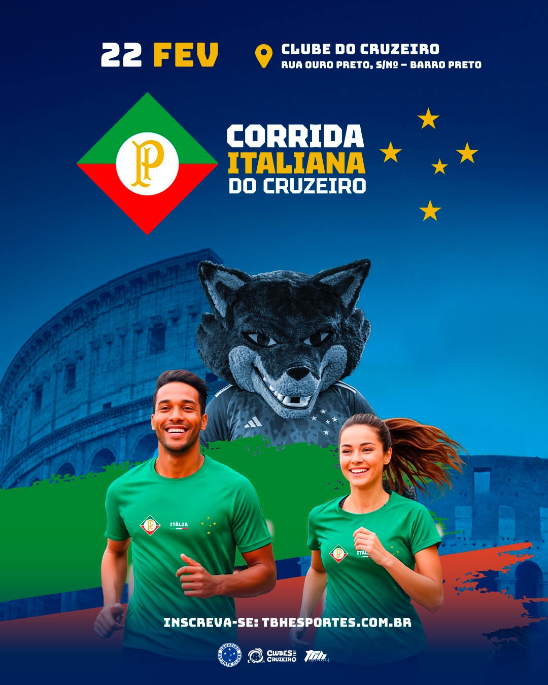 Cartaz da Corrida Italiana do Cruzeiro, que acontece dia 22 de fevereiro no Clube do Cruzeiro (Barro Preto). A imagem mostra um homem e uma mulher correndo com camisas verdes, o mascote Raposa ao fundo e o Coliseu romano. No topo, o escudo clássico do Palestra Itália e as estrelas do Cruzeiro.