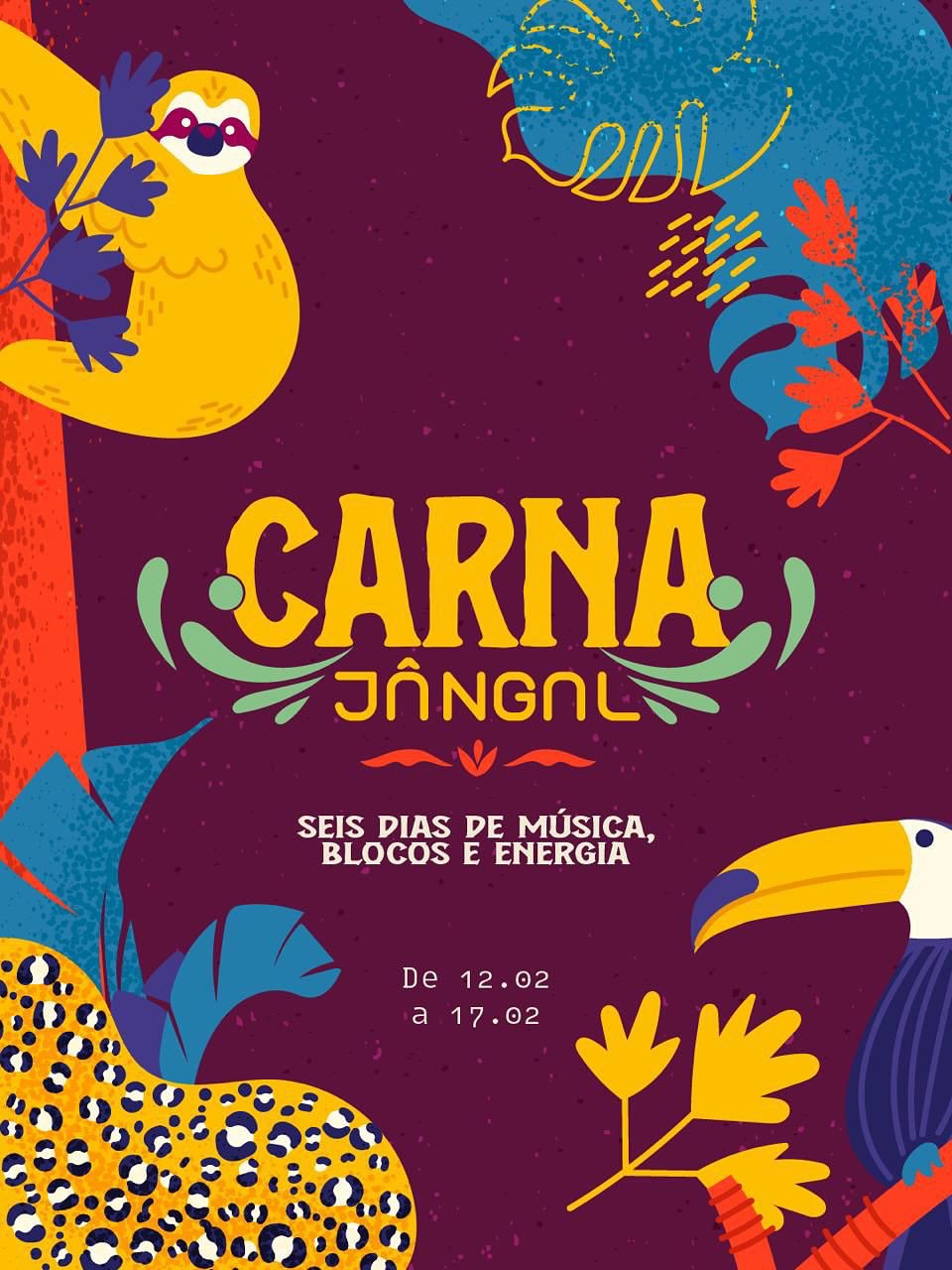 Cartaz com ilustrações de animais da selva (bicho-preguiça, tucano e onça-pintada) sobre fundo roxo escuro.