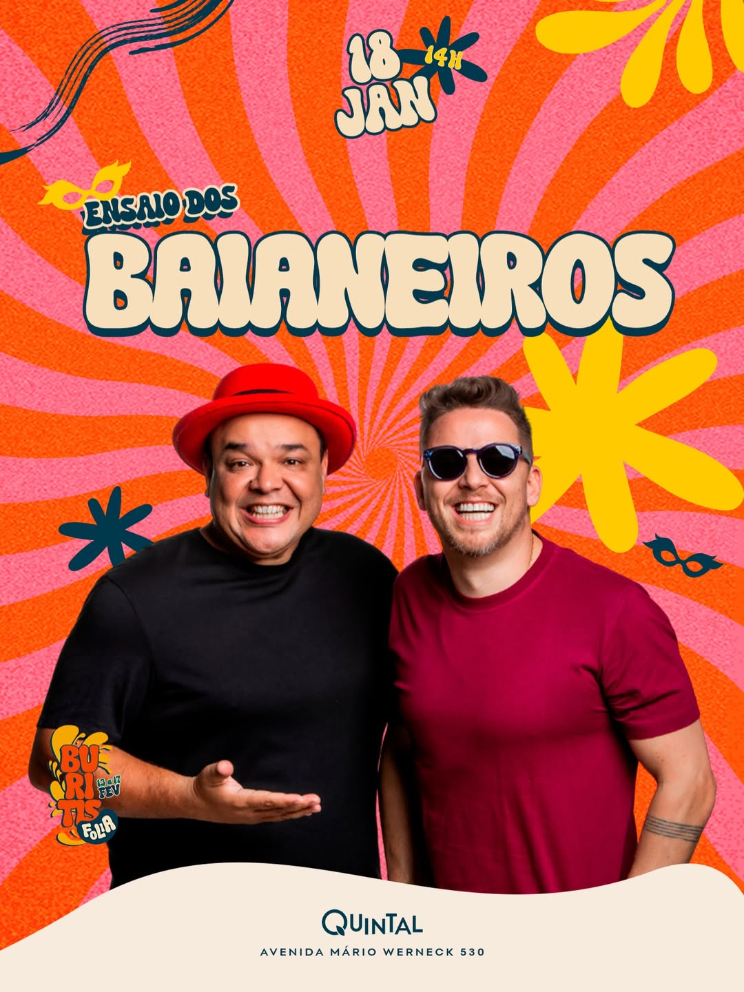 Cartaz vertical com estética vibrante e retrô, predominantemente nas cores laranja, rosa e amarelo. O fundo apresenta um efeito de "raios de sol" (sunburst) que converge para o centro. Dois homens sorridentes aparecem em destaque na metade inferior.