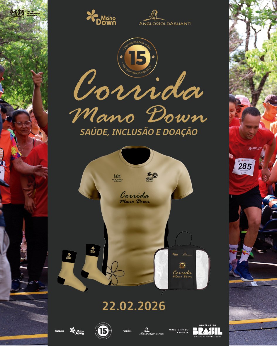 Cartaz da 15ª Corrida Mano Down, com o tema "Saúde, Inclusão e Doação". No centro, destaca-se o kit do corredor em tom dourado, composto por camiseta, meias e sacola. O fundo é cinza escuro, ladeado por fotos de pessoas correndo e celebrando. Na parte inferior, destaca-se a data 22.02.2026 e as logomarcas dos realizadores e patrocinadores, incluindo o Instituto Mano Down e o Ministério do Esporte.