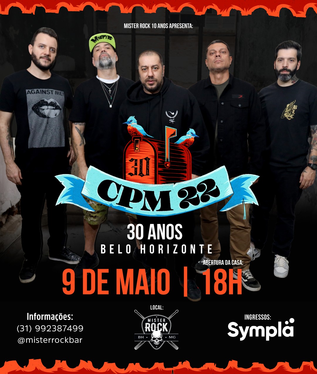 A imagem é um cartaz promocional de fundo escuro anunciando o show da banda brasileira de punk rock CPM 22 em comemoração aos seus 30 anos de carreira.