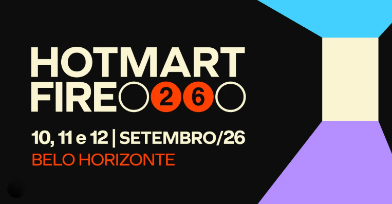 Card promocional do evento Hotmart Fire 2026. O design é moderno, com fundo preto e formas geométricas nas cores azul, roxo e creme à direita.