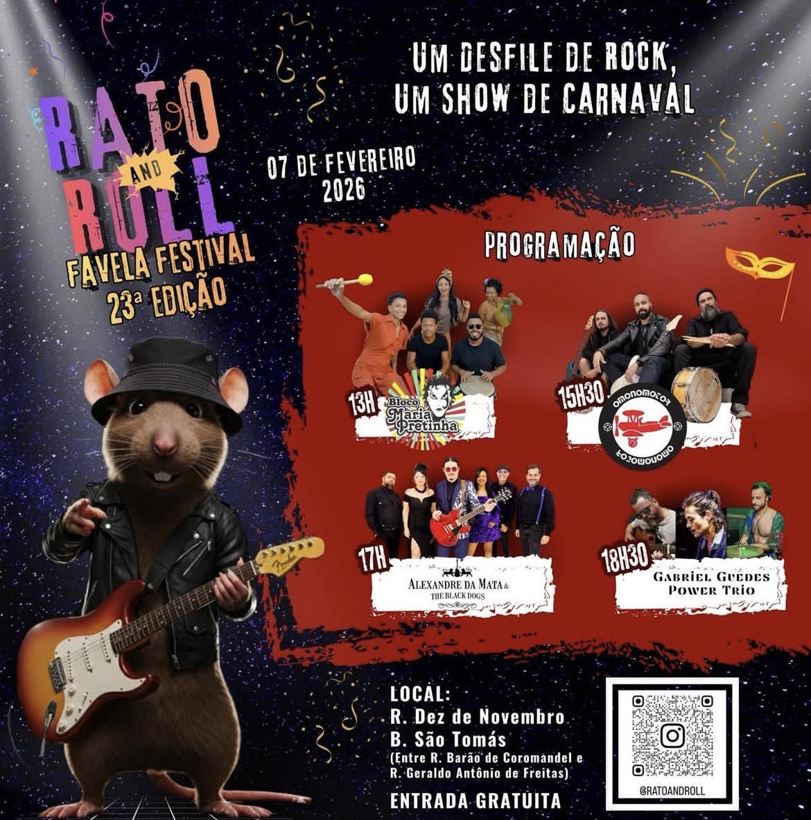 Cartaz oficial do evento com line up das atrações Rato and Roll Favela Festival