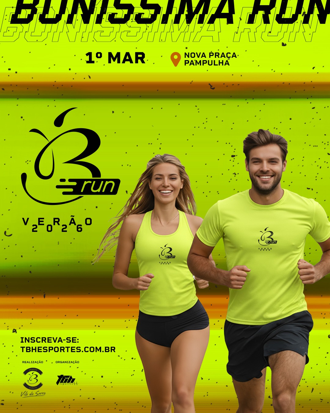 Cartaz digital da corrida "Boníssima Run - Verão 2026". O fundo é verde-limão vibrante com texturas e faixas horizontais alaranjadas. No centro, um homem e uma mulher sorridentes correm em direção ao espectador, vestindo uniformes esportivos na cor verde-limão.