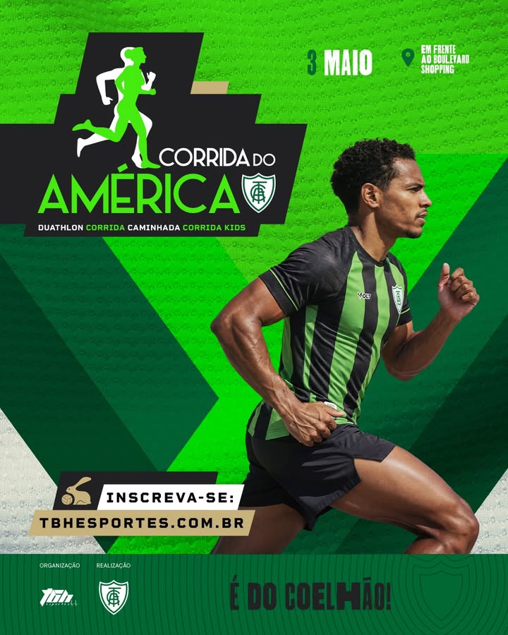 Corrida do America: plano de fundo verde e um homem com a blusa do time correndo 