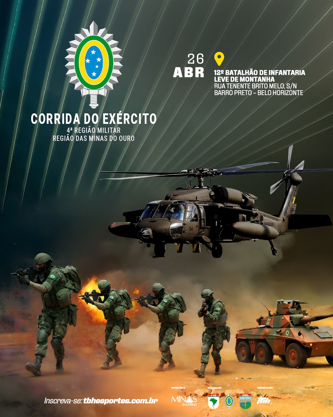Flyer ilustrativo com imagem de soldados, helicóptero e tanque de guerra do exercito brasileiro 