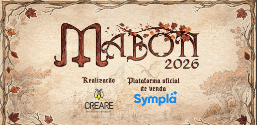 Banner digital com estética medieval e outonal para o evento Mabon 2026. O fundo assemelha-se a um pergaminho antigo, emoldurado por galhos secos e folhas de bordo avermelhadas. No centro, o nome "Mabon" está escrito em uma fonte estilizada que imita madeira.
