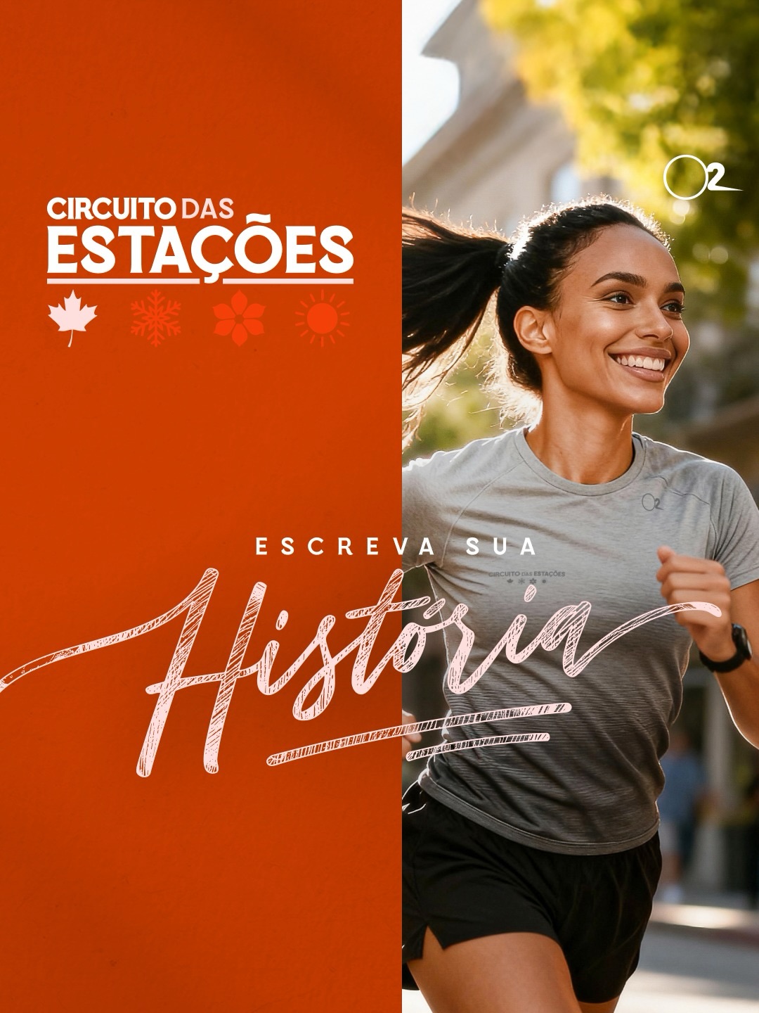 Foto de uma corredora vestindo a blusa cinza oficial da corrida 