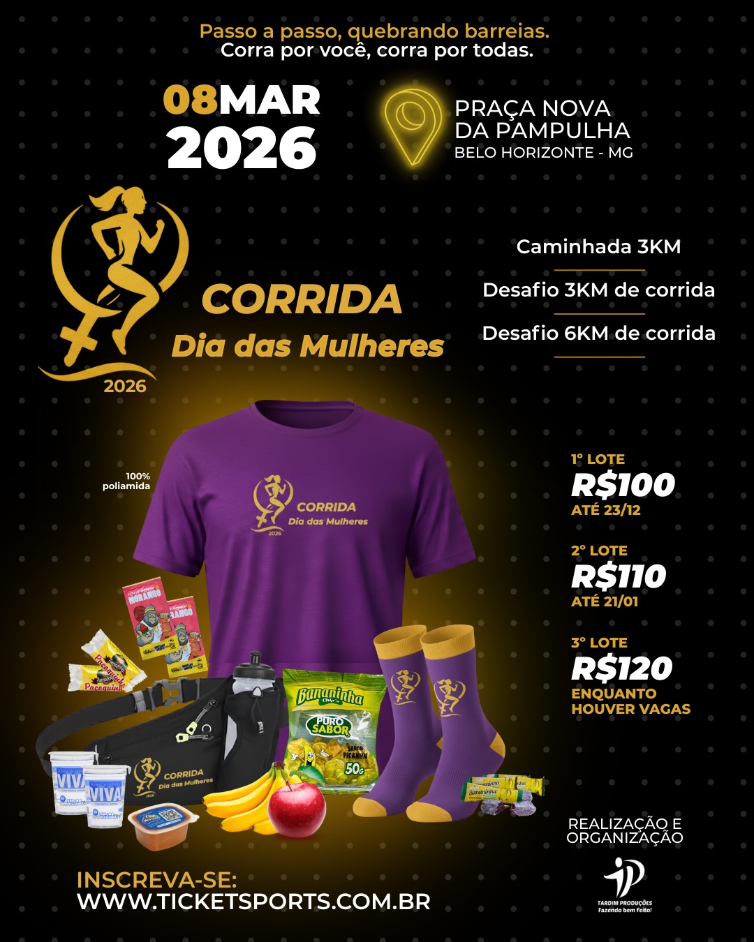 Flyer convidativo para a corrida dia das mulheres constando o valor dos 3 lotes, local, data e foto do kit: camisa rosa, meia rose e alimentos 