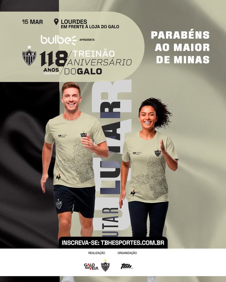 Flyer com fundo preto e branco, um homem e uma mulher correndo com a blusa do atlético 