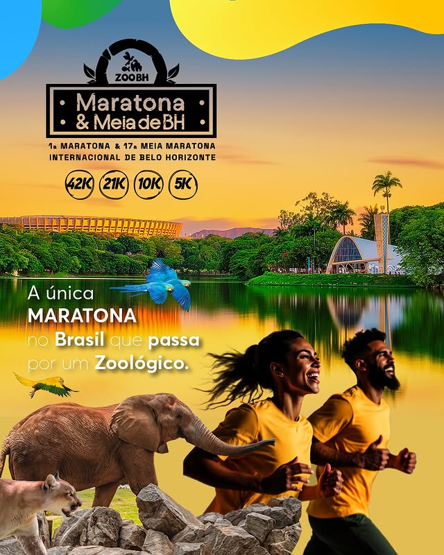 foto de capa da maratona com duas pessoas correndo na frente de animais e foto da lagoa da pampulha de fundo 