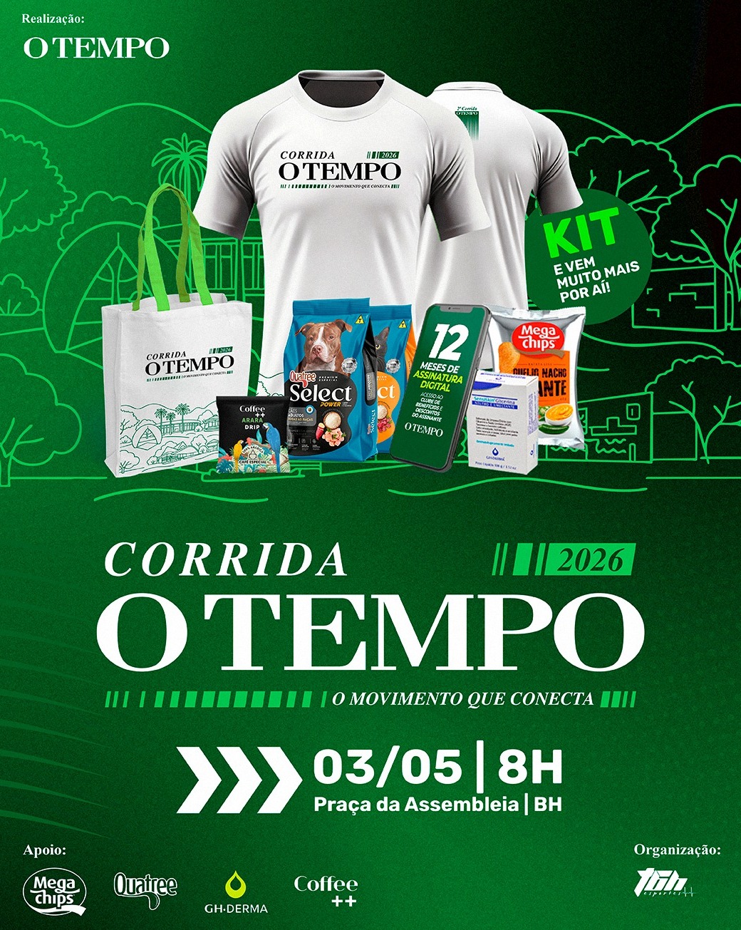 Reprodução/Instagram Foto de capa da corrida O tempo com plano de fundo verde, blusa da corrida, kit e informações sobre data, horario e local do evento