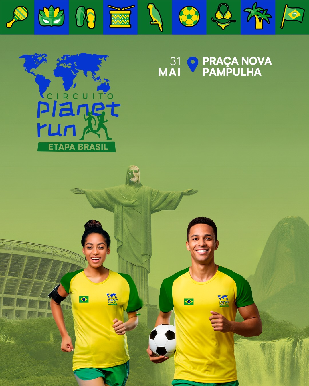 Reprodução/Instagram Foto de capa do evento contendo um homem e uma mulher correndo com a blusa do evento