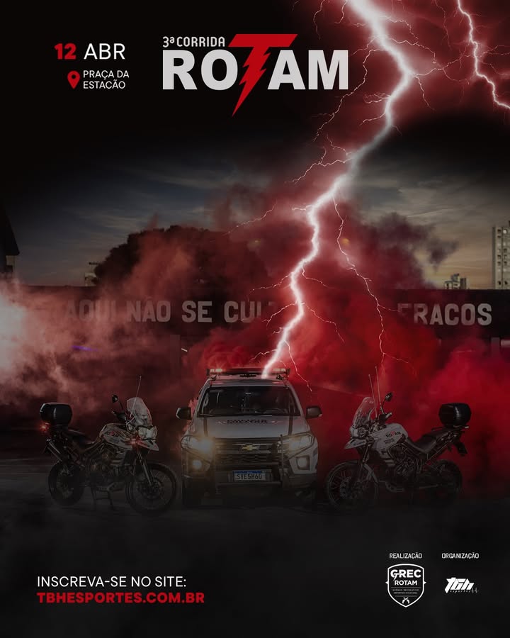 Flyer do carro e moto da policia militar de fundo com o titulo do evento, data e local. 