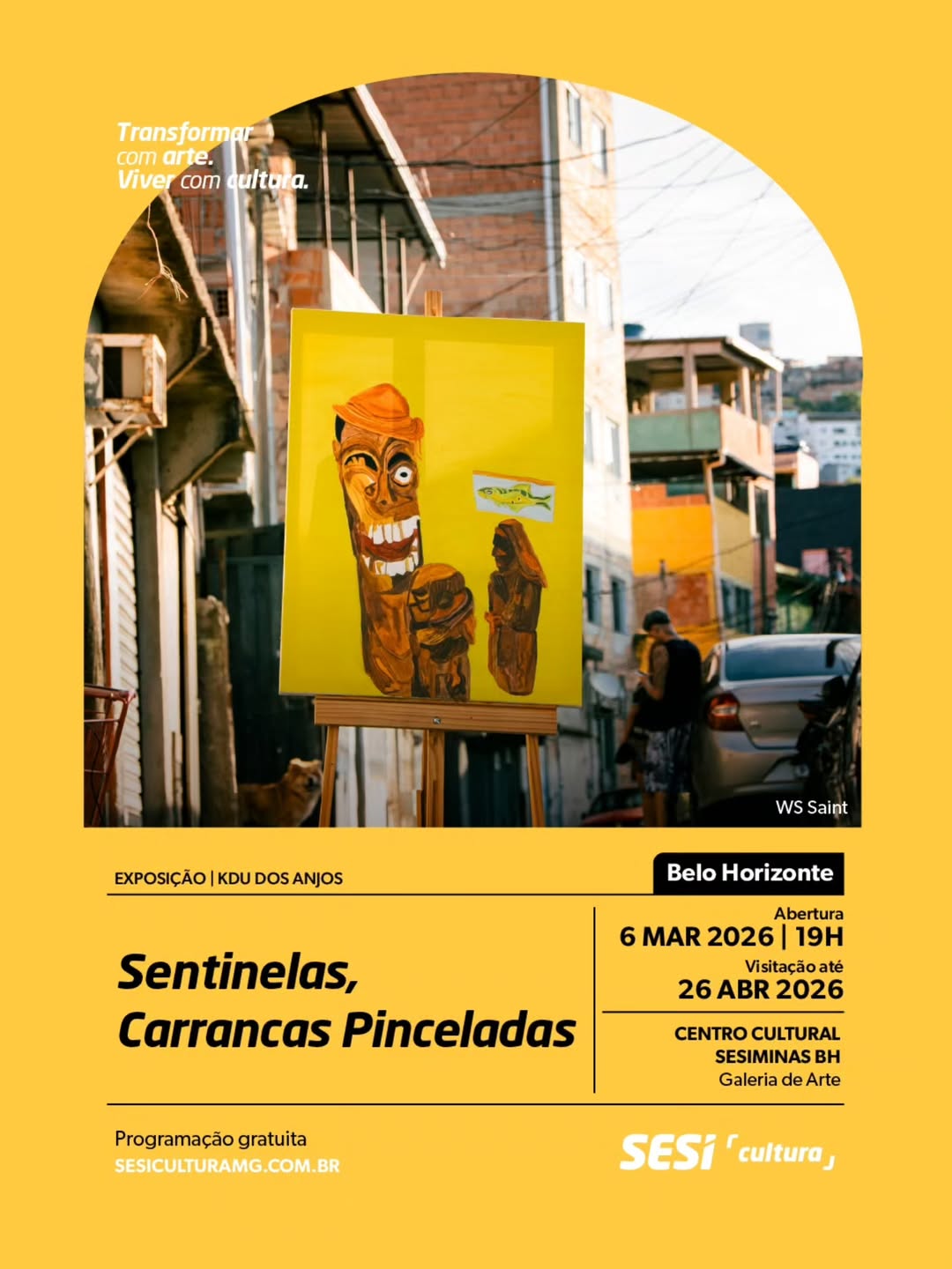 foto convidativa da esposição contento titulo, hora, data e local. A foto tambem mostra uma das obras do artista 