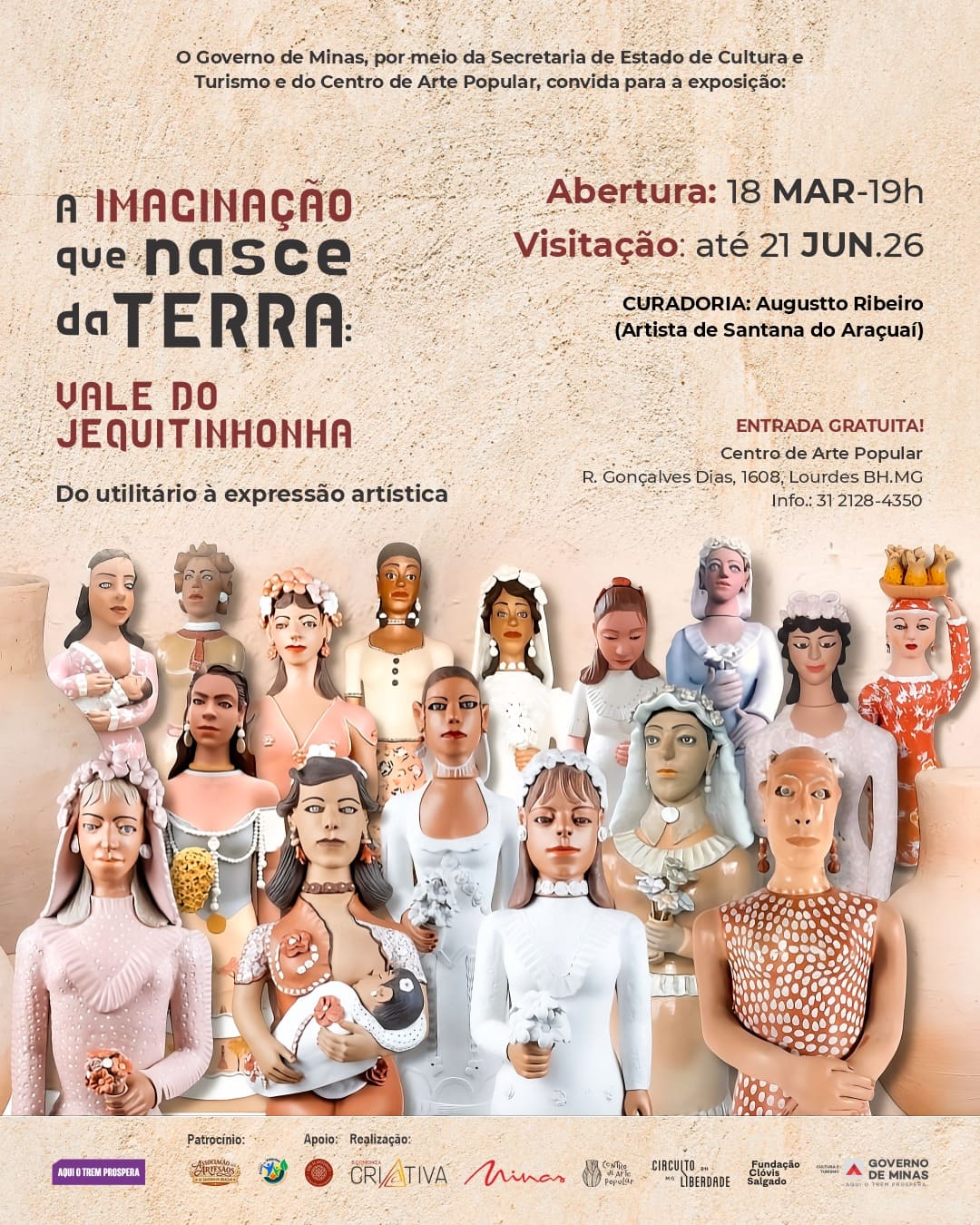 Foto informativa sobre a exposição "a imaginação que nasce da Terra", com data, horário e local da exposição 