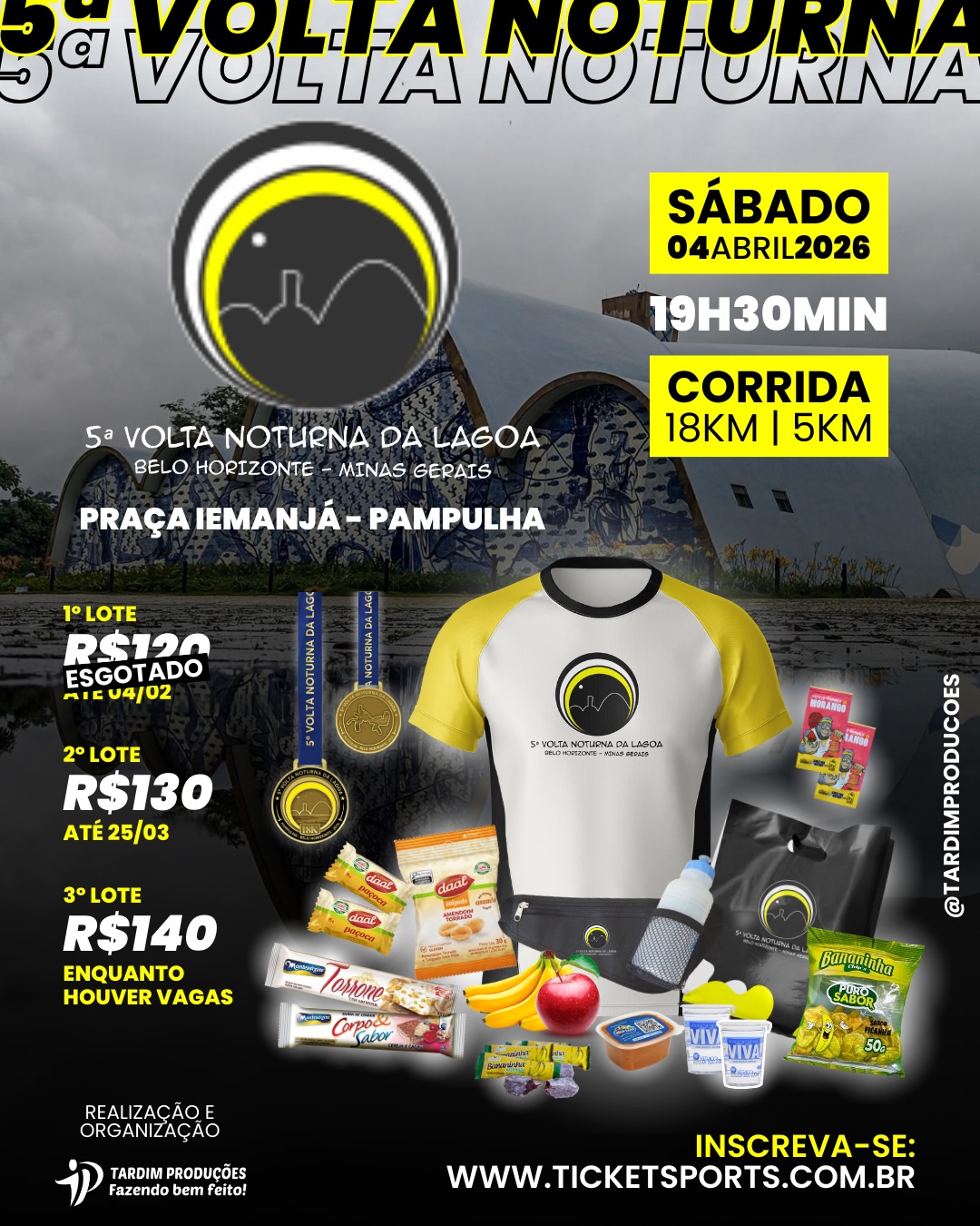 Cartaz publicitário da 5ª Volta Noturna da Lagoa, uma corrida de rua em Belo Horizonte, Minas Gerais. O evento acontecerá no sábado, 04 de abril de 2026, às 19h30, com largada na Praça Iemanjá, Pampulha.